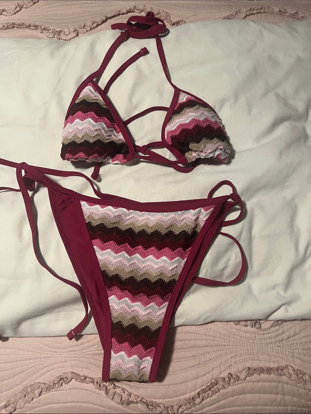 Zaful Pink Multi Zigzag Crochet String Bikini